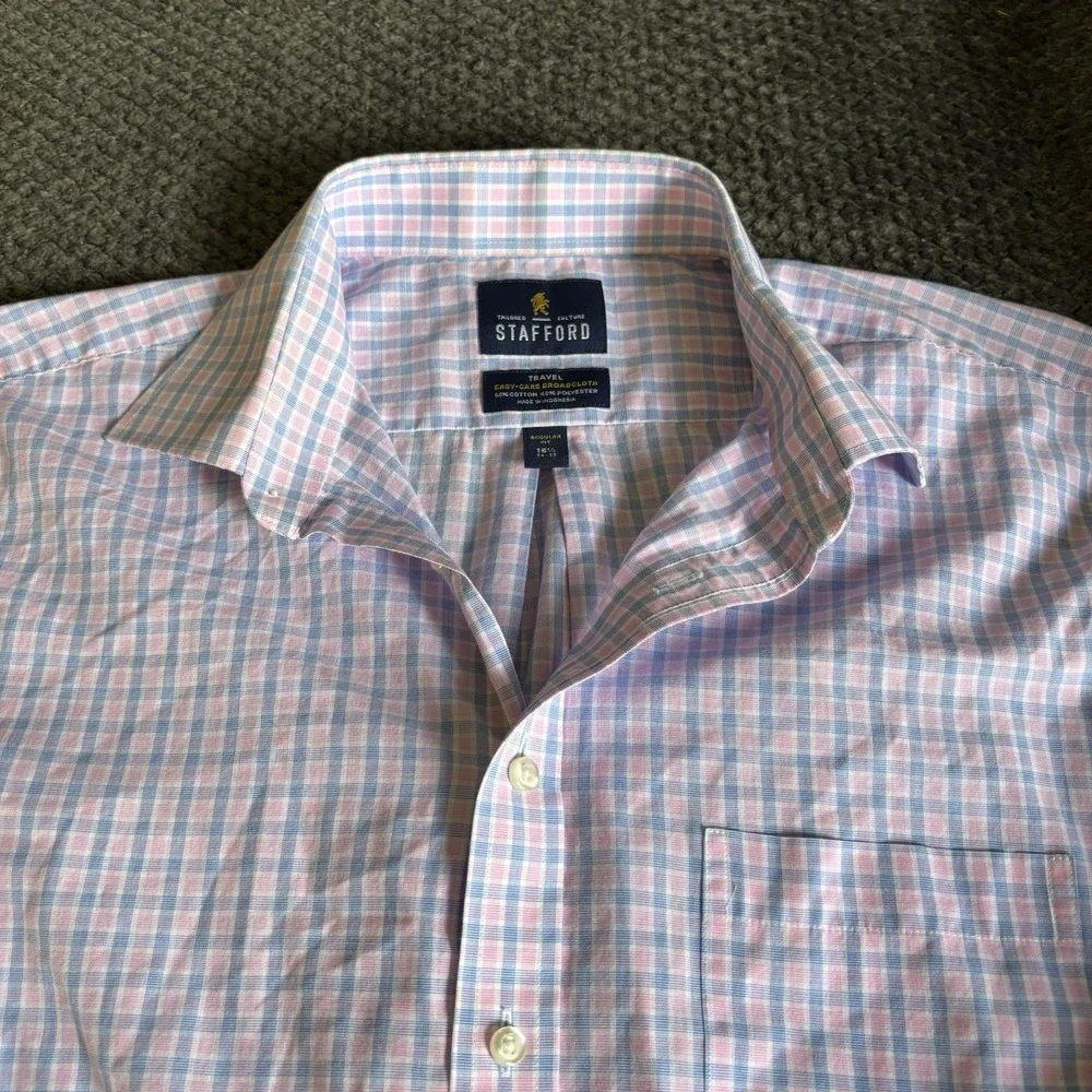Stafford Shirt Mens 16 1/2- 34/35 Pink Travel Wrinkle Free Oxford Cotton Blend‎